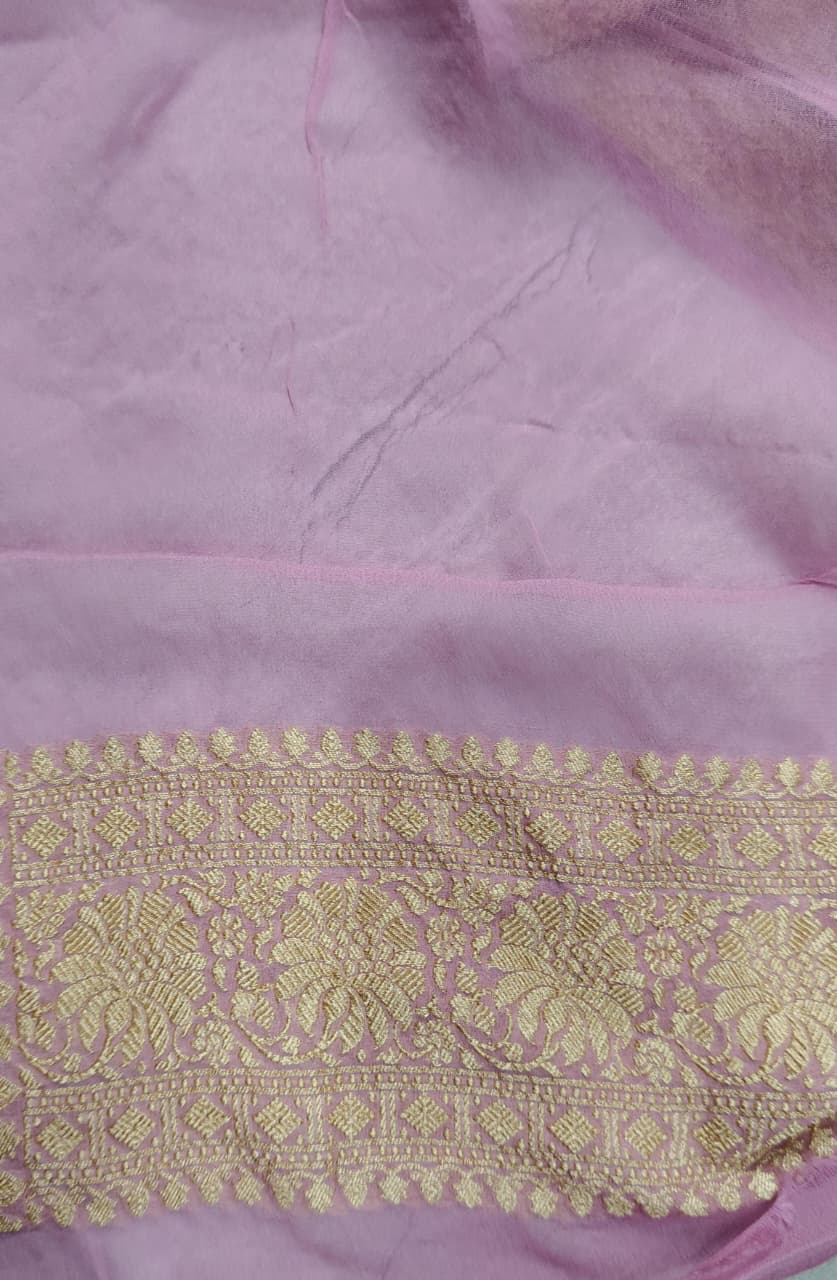 Dusky Pink Banarasi Georgette Silk Saree with Zigzag Pattern and Zari Border | SILK MARK CERTIFIED