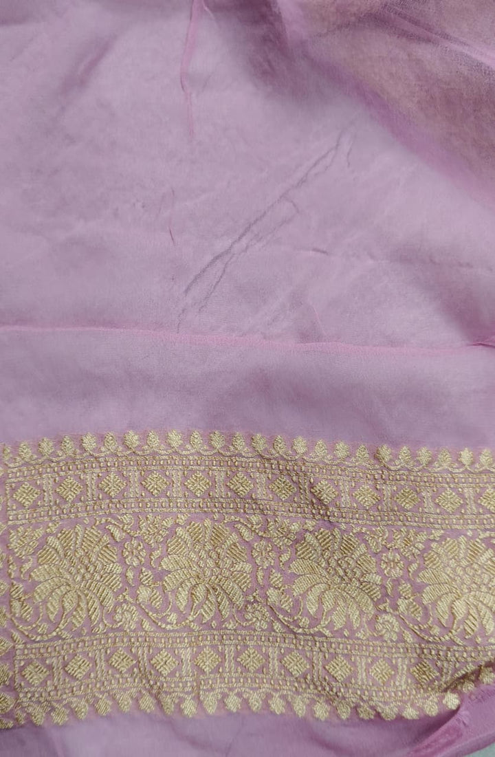 Dusky Pink Banarasi Georgette Silk Saree with Zigzag Pattern and Zari Border | SILK MARK CERTIFIED