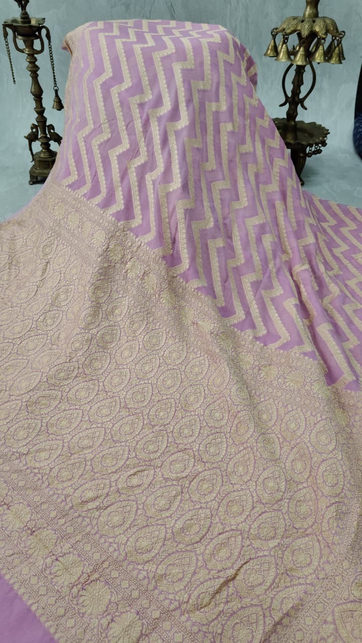 Dusky Pink Banarasi Georgette Silk Saree with Zigzag Pattern and Zari Border | SILK MARK CERTIFIED