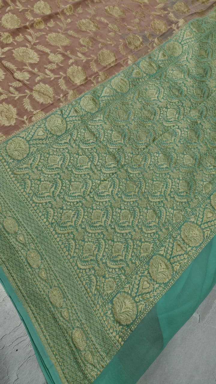 Rose Pink Banarasi Georgette Silk Saree with Floral Jaal and Zari Border | SILK MARK CERTIFIED