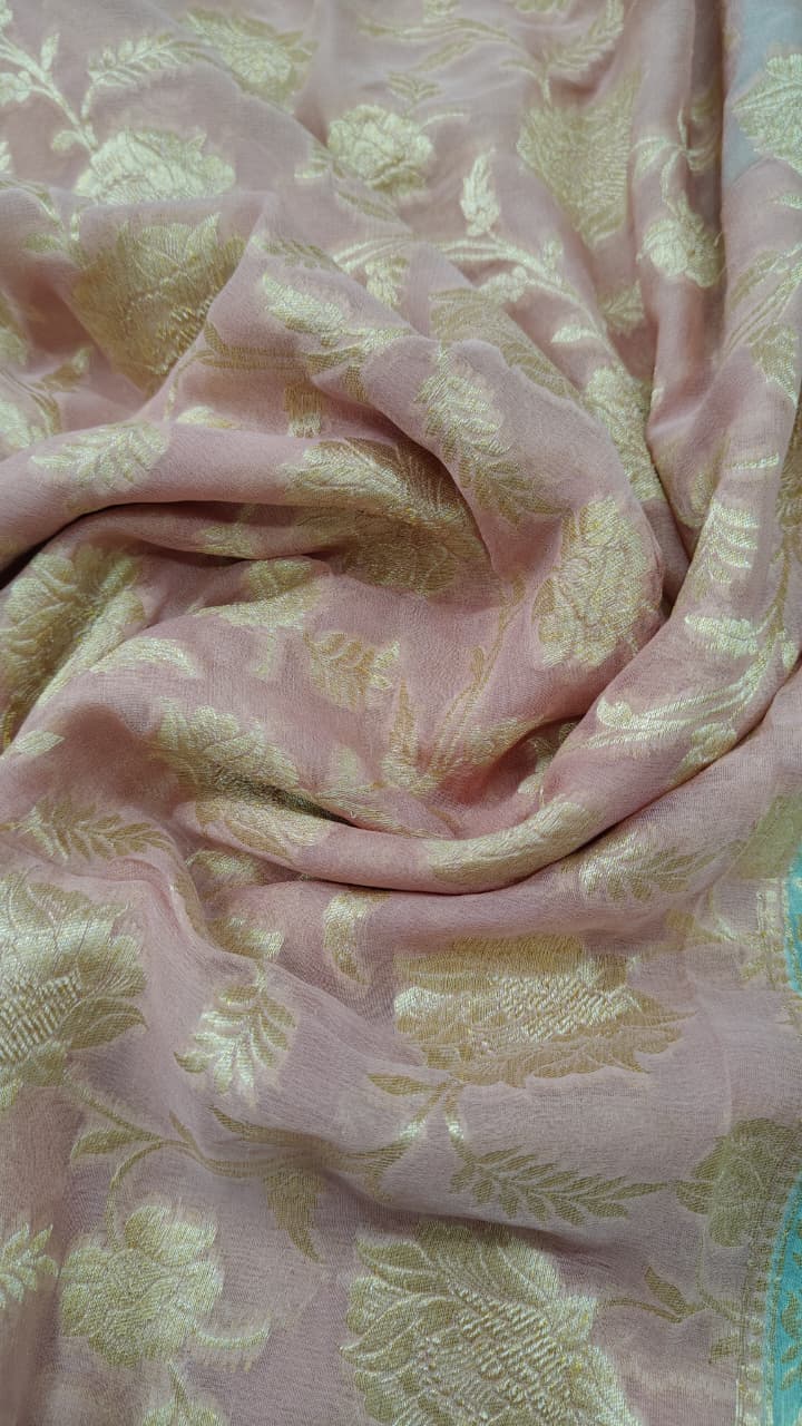 Rose Pink Banarasi Georgette Silk Saree with Floral Jaal and Zari Border | SILK MARK CERTIFIED