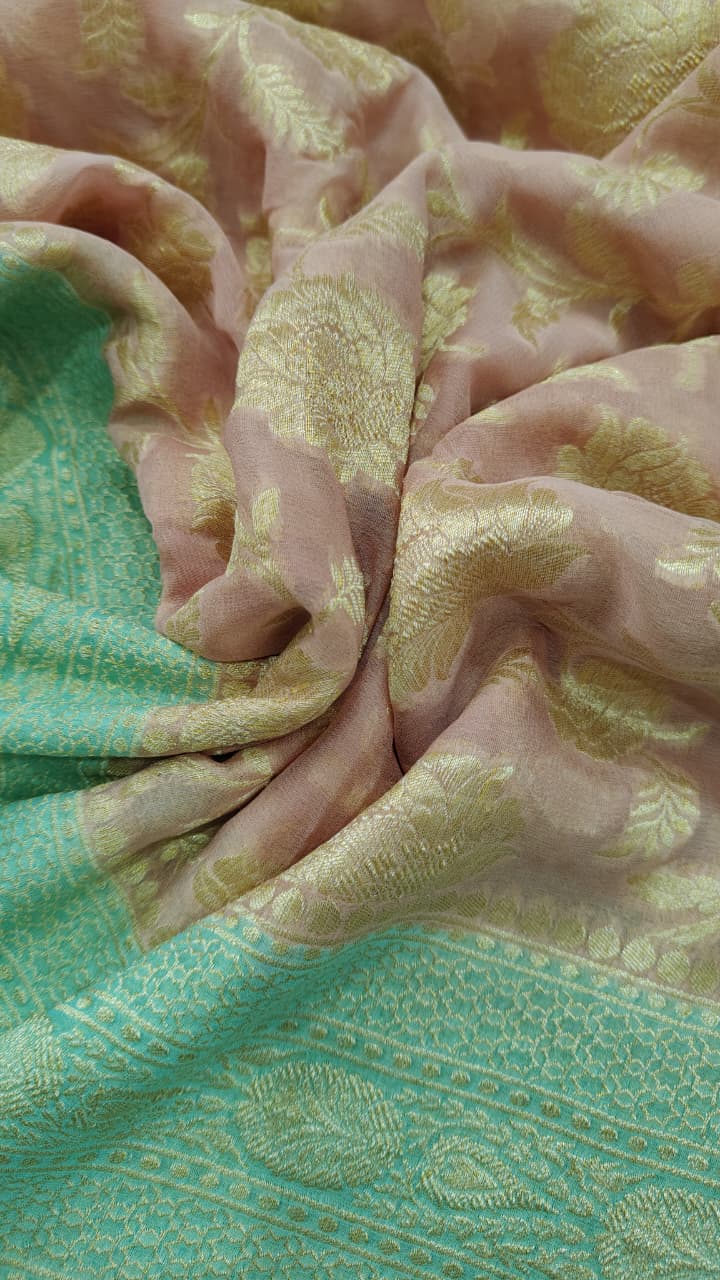 Rose Pink Banarasi Georgette Silk Saree with Floral Jaal and Zari Border | SILK MARK CERTIFIED