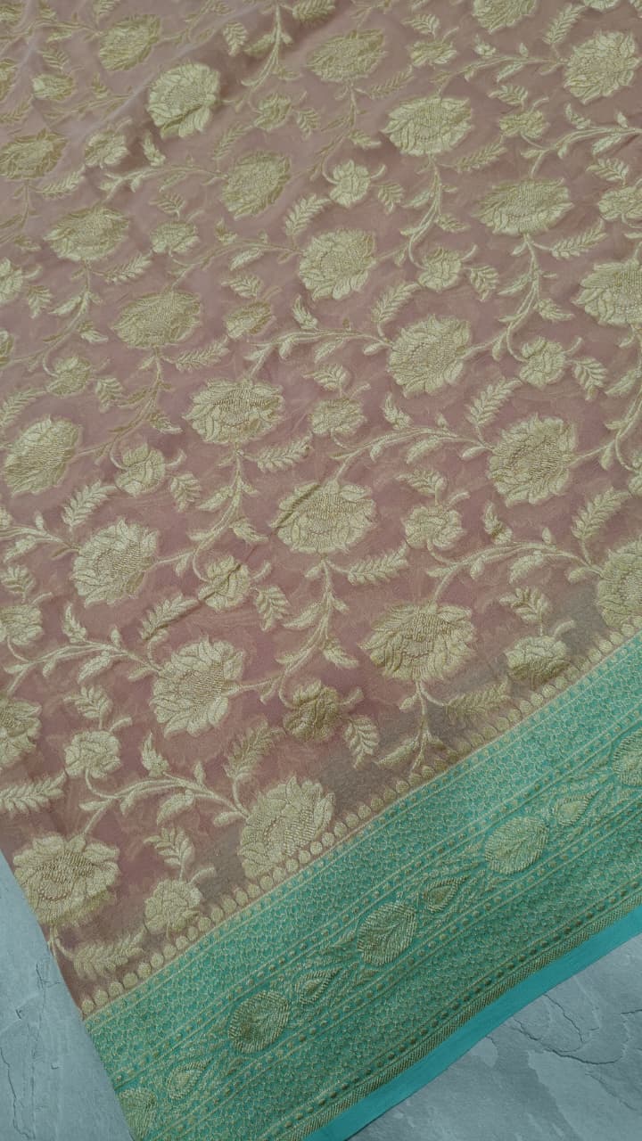 Rose Pink Banarasi Georgette Silk Saree with Floral Jaal and Zari Border | SILK MARK CERTIFIED