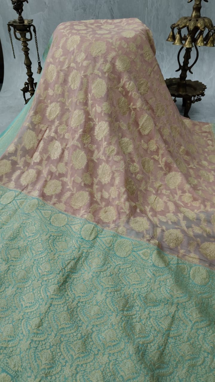 Rose Pink Banarasi Georgette Silk Saree with Floral Jaal and Zari Border | SILK MARK CERTIFIED