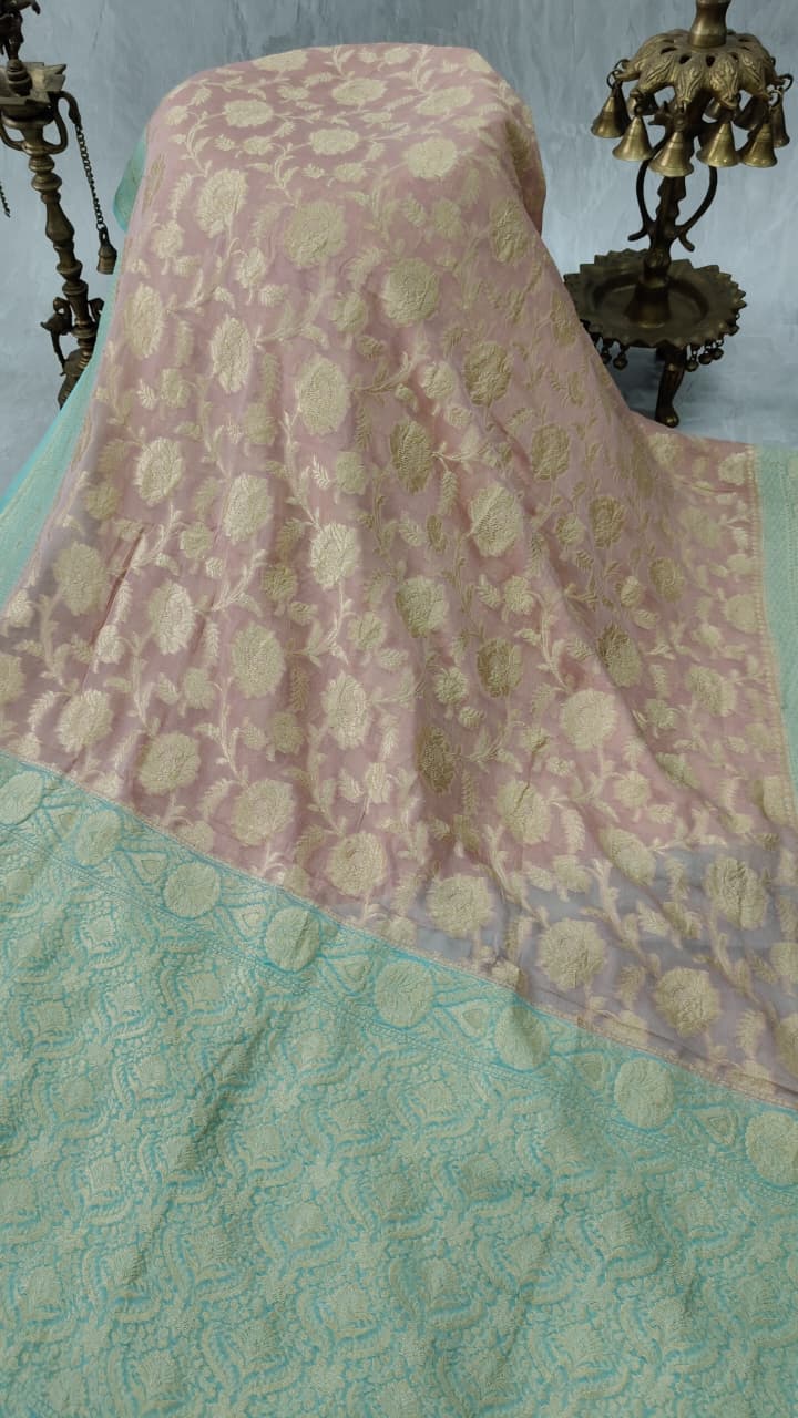 Rose Pink Banarasi Georgette Silk Saree with Floral Jaal and Zari Border | SILK MARK CERTIFIED