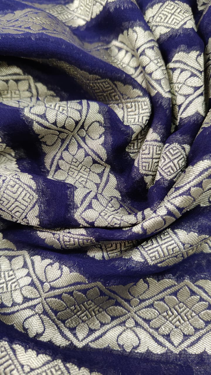 Midnight Blue Banarasi Georgette Silk Saree with Zari Ornated Stipes and Zari Border | SILK MARK CERTIFIED