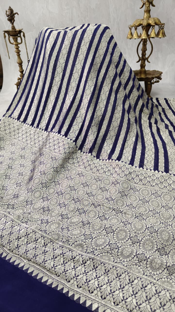 Midnight Blue Banarasi Georgette Silk Saree with Zari Ornated Stipes and Zari Border | SILK MARK CERTIFIED