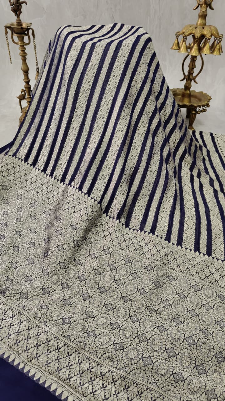 Midnight Blue Banarasi Georgette Silk Saree with Zari Ornated Stipes and Zari Border | SILK MARK CERTIFIED