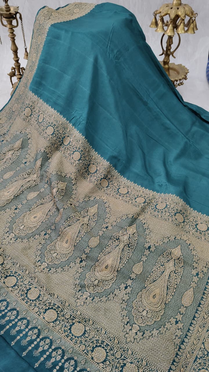 Peacock Green Pure Mysore Crepe Silk Saree with Zari Border  | SILK MARK CERTIFIED