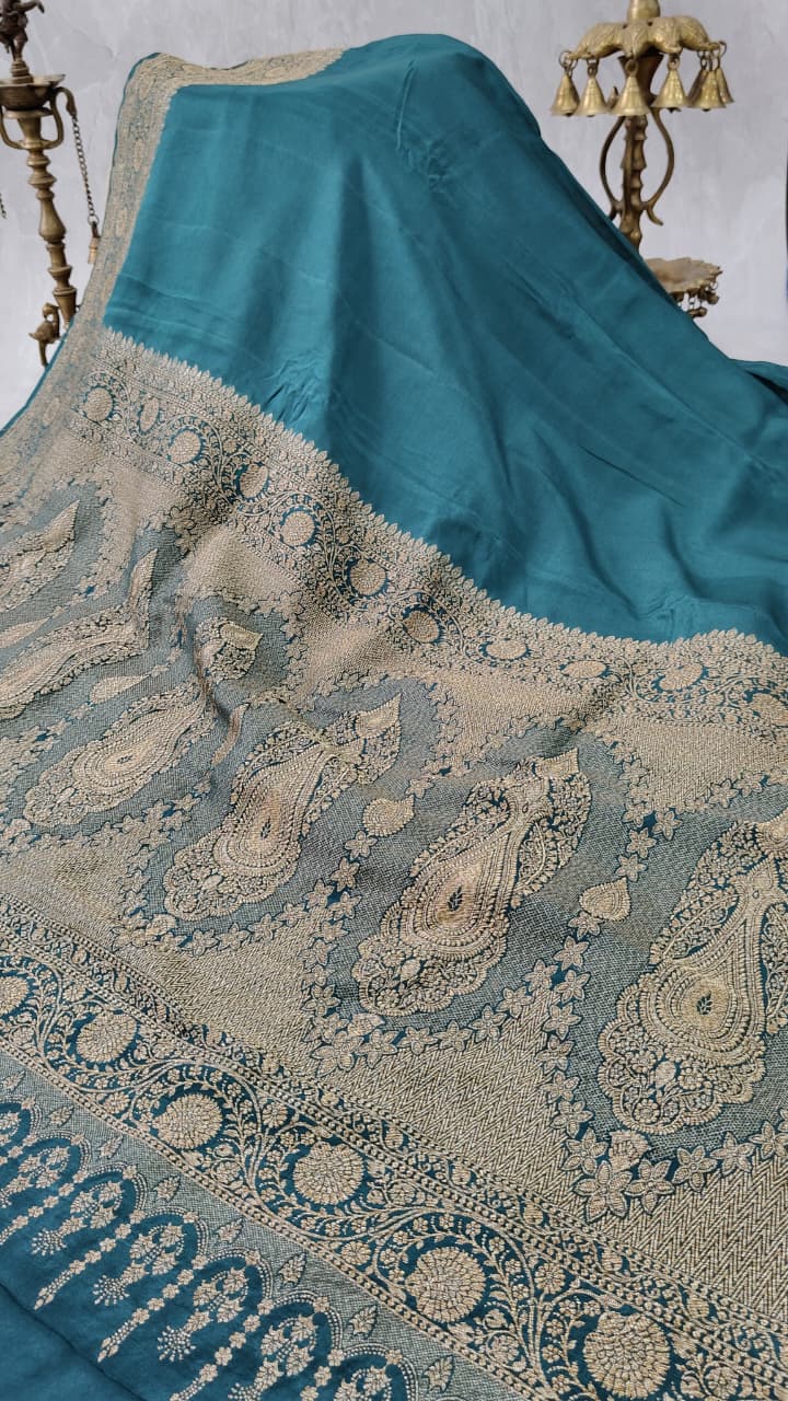Peacock Green Pure Mysore Crepe Silk Saree with Zari Border  | SILK MARK CERTIFIED