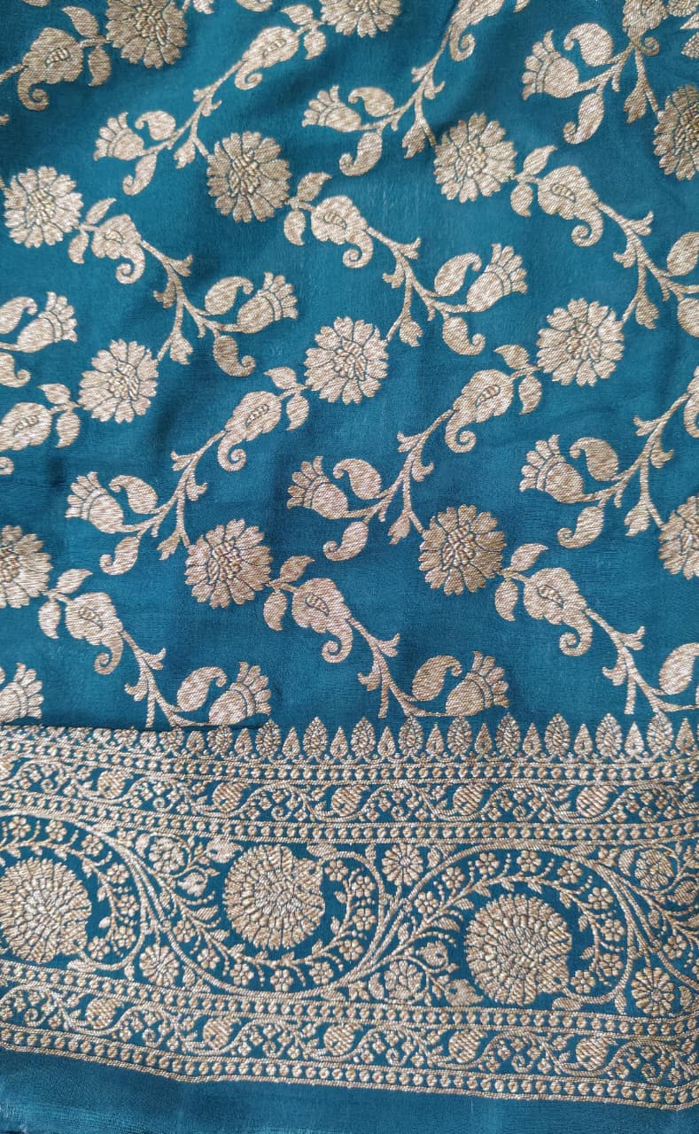 Peacock Green Pure Mysore Crepe Silk Saree with Zari Border  | SILK MARK CERTIFIED