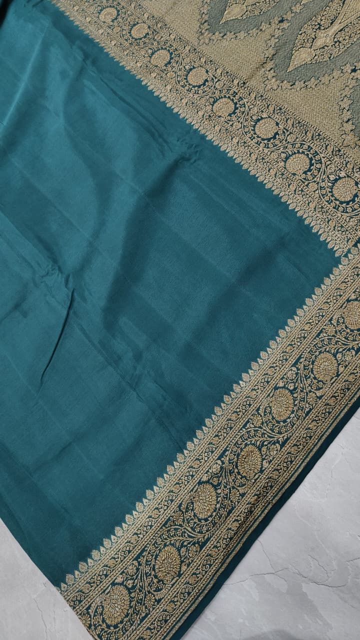 Peacock Green Pure Mysore Crepe Silk Saree with Zari Border  | SILK MARK CERTIFIED