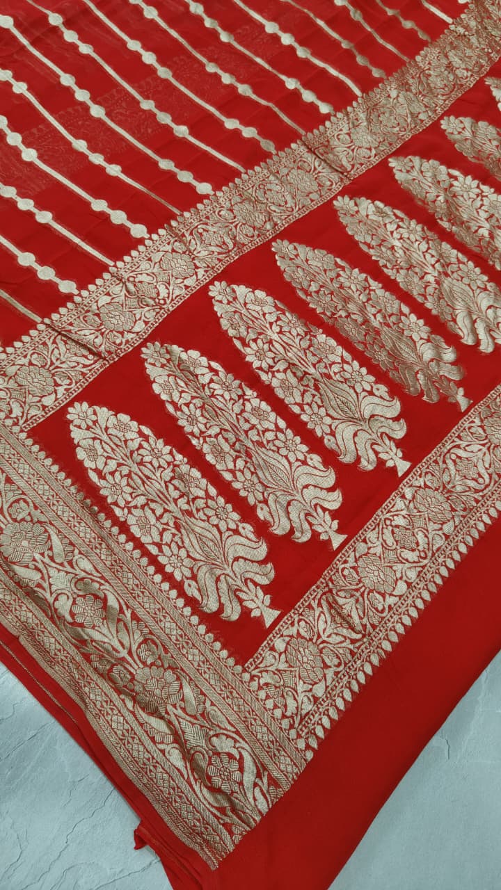 Reddish Orange Banarasi Georgette Silk Saree with Zari Stripes and Zari Border | SILK MARK CERTIFIED