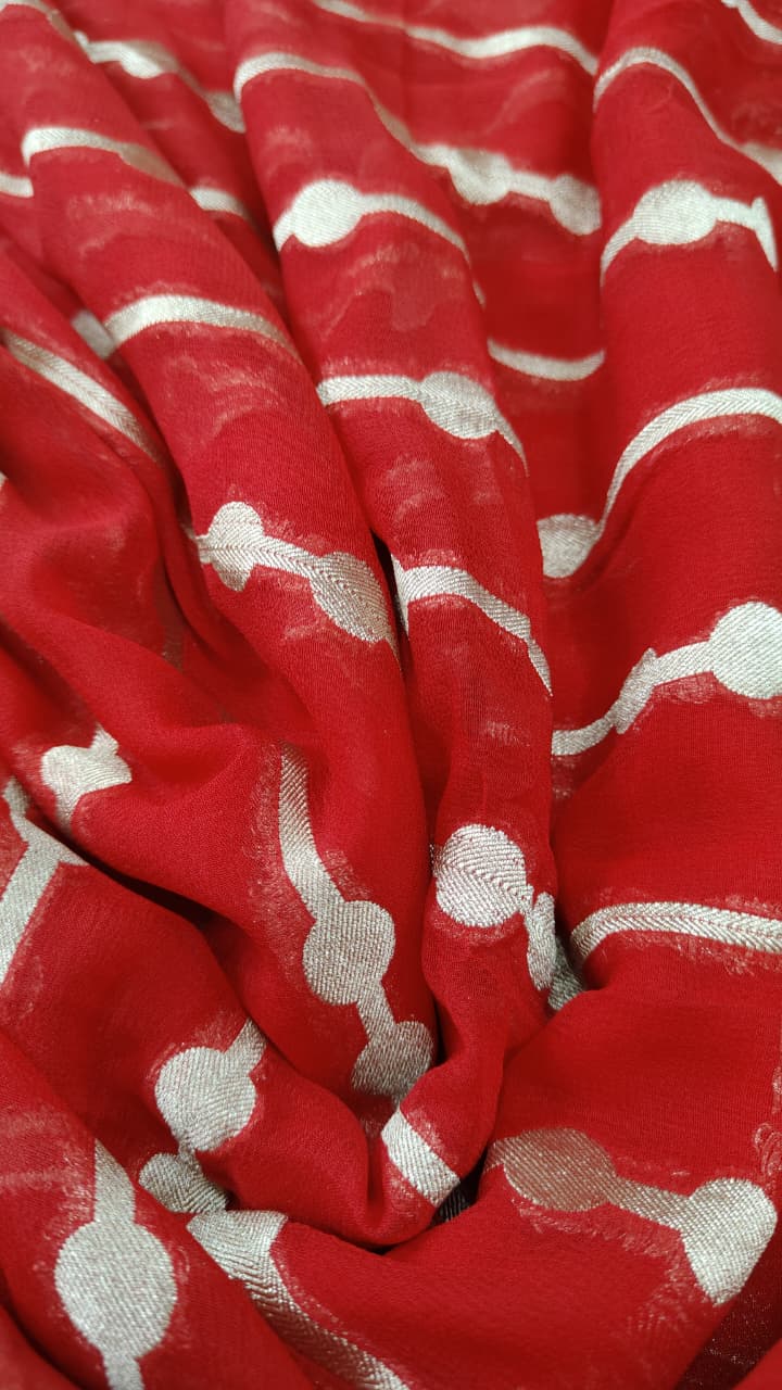 Reddish Orange Banarasi Georgette Silk Saree with Zari Stripes and Zari Border | SILK MARK CERTIFIED