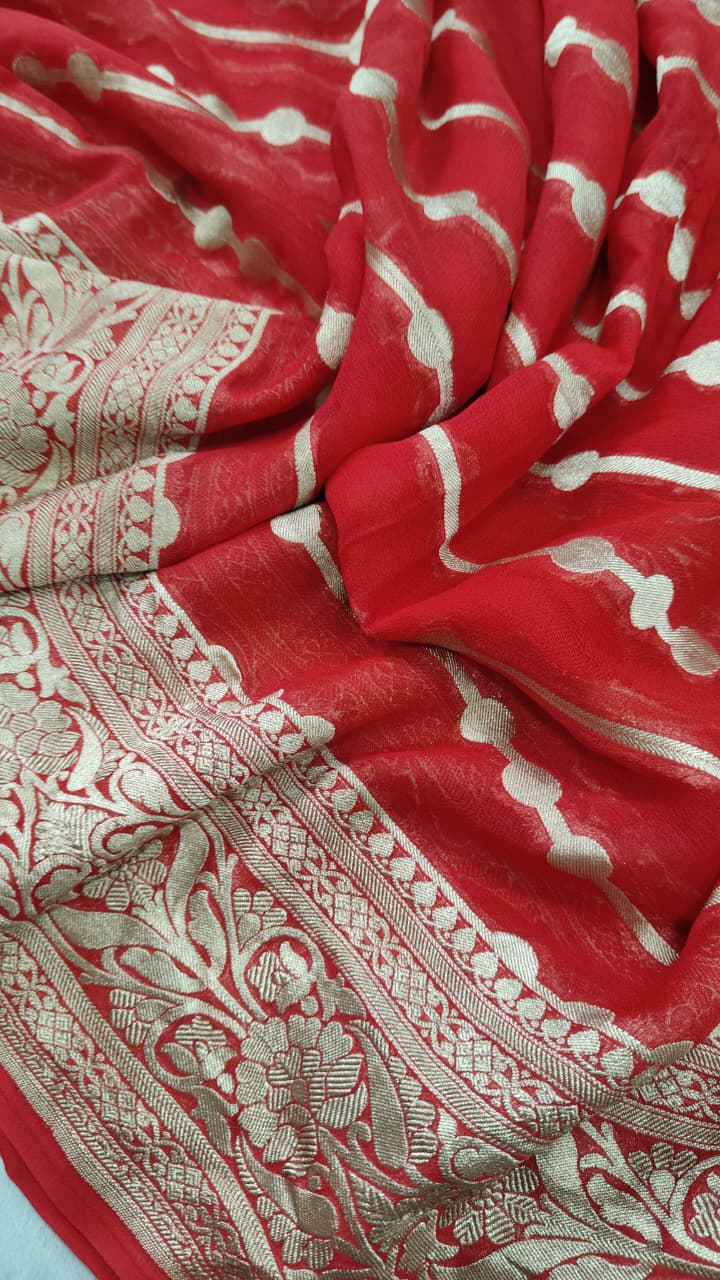 Reddish Orange Banarasi Georgette Silk Saree with Zari Stripes and Zari Border | SILK MARK CERTIFIED