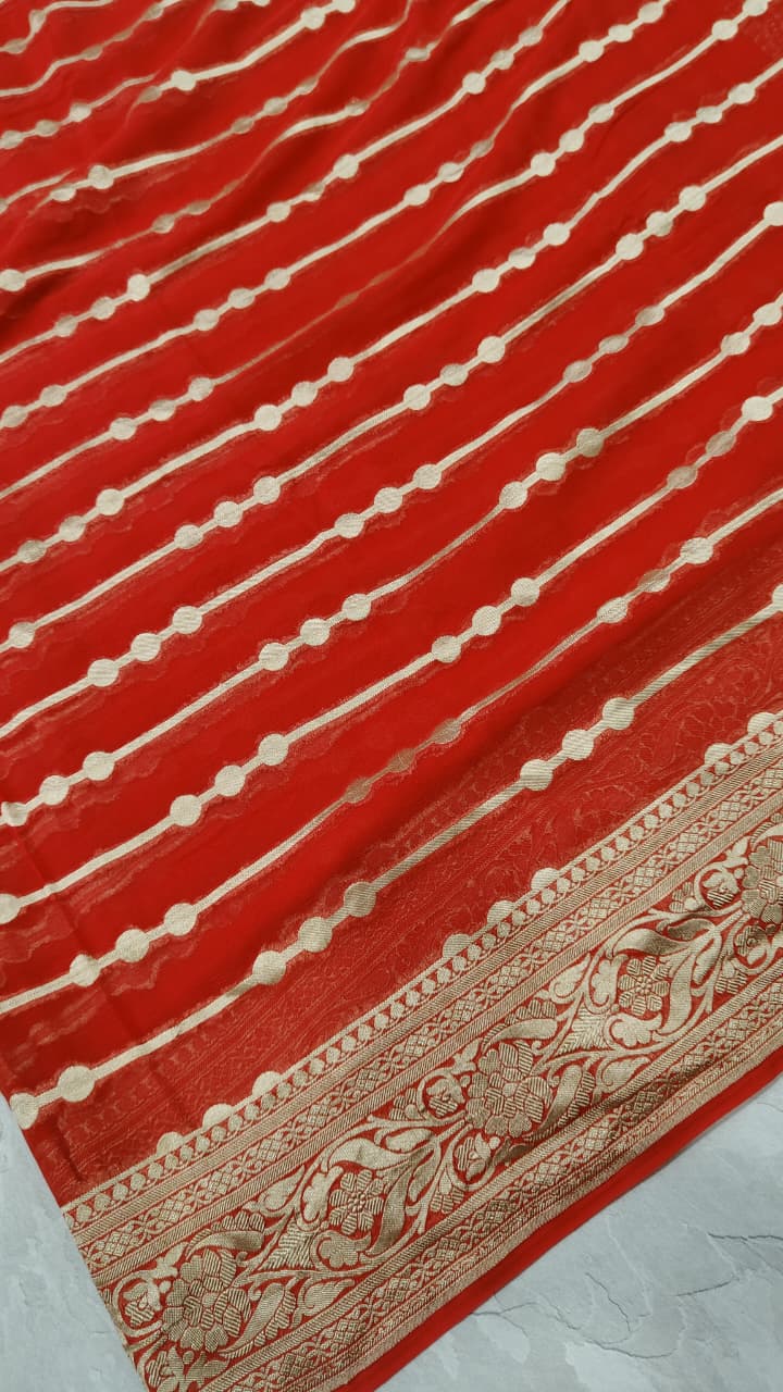 Reddish Orange Banarasi Georgette Silk Saree with Zari Stripes and Zari Border | SILK MARK CERTIFIED