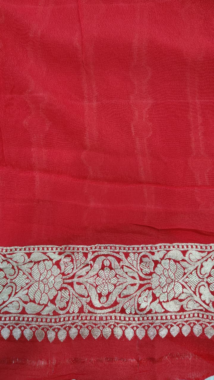 Reddish Orange Banarasi Georgette Silk Saree with Zari Stripes and Zari Border | SILK MARK CERTIFIED