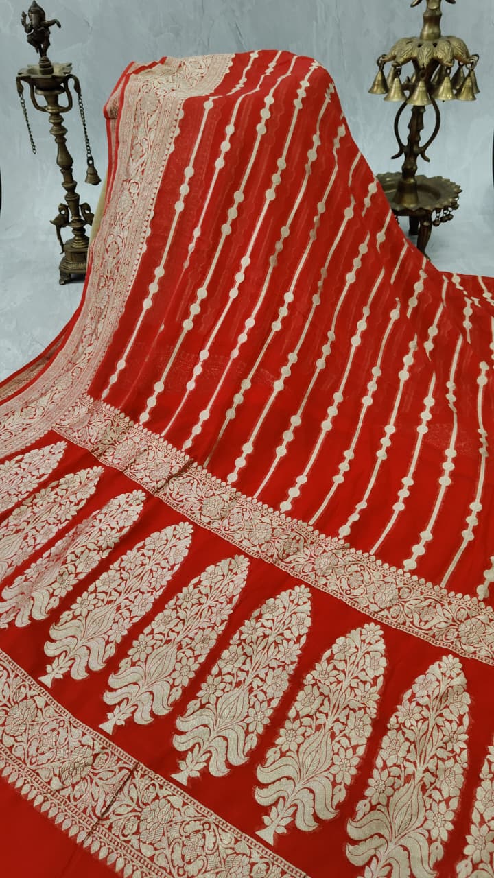 Reddish Orange Banarasi Georgette Silk Saree with Zari Stripes and Zari Border | SILK MARK CERTIFIED