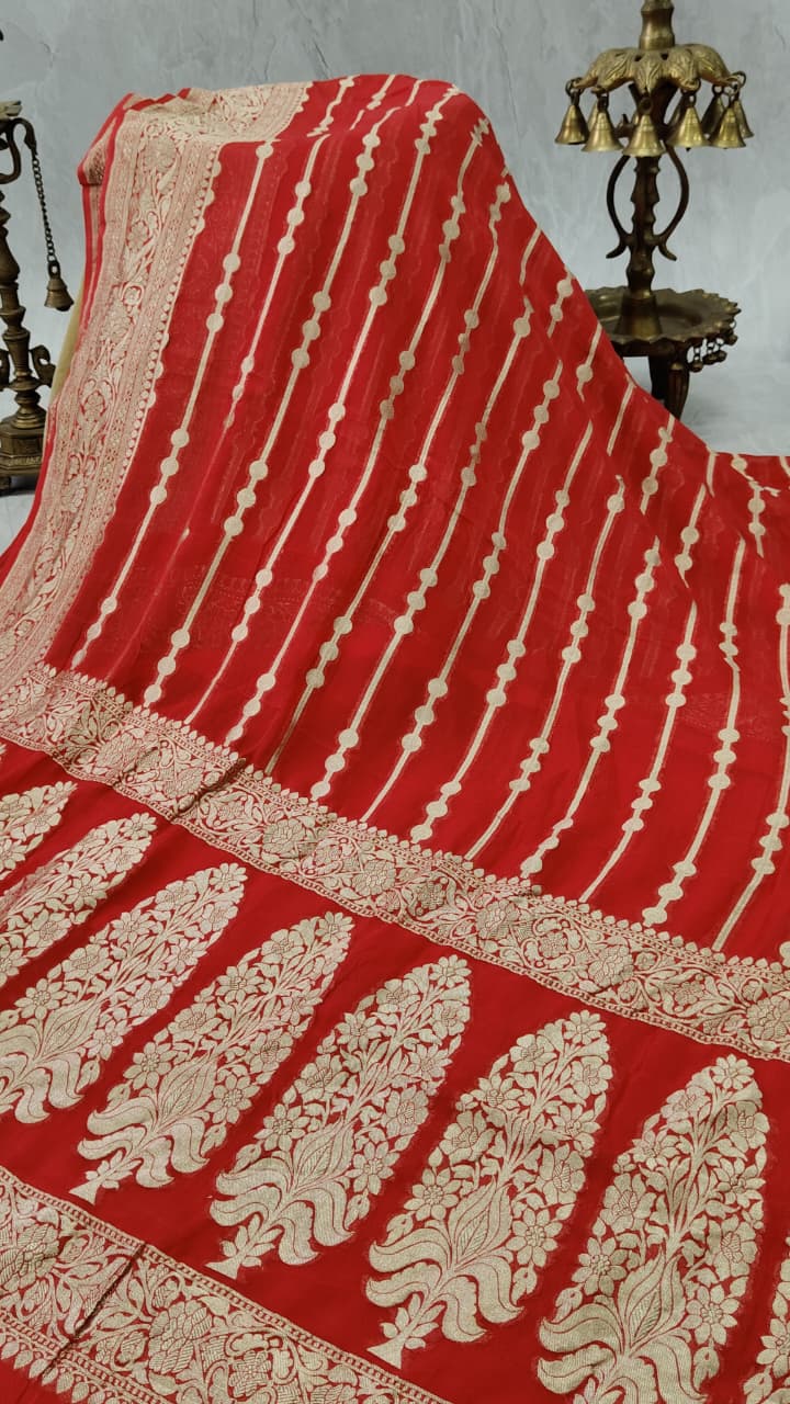 Reddish Orange Banarasi Georgette Silk Saree with Zari Stripes and Zari Border | SILK MARK CERTIFIED