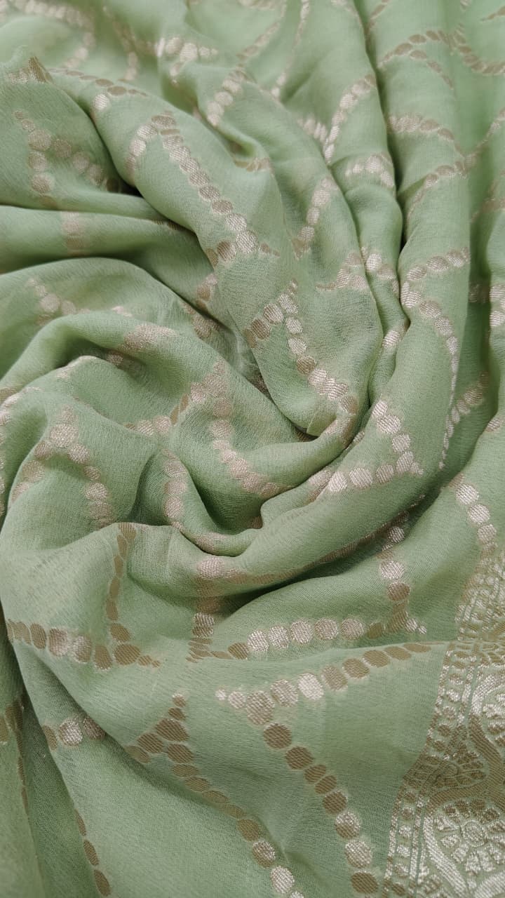 Tea Green Banarasi Georgette Silk Saree with Geometric Design and Zari Border | SILK MARK CERTIFIED