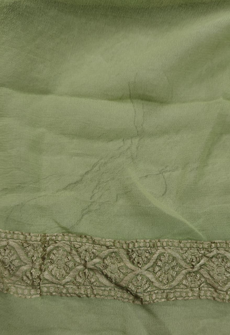 Tea Green Banarasi Georgette Silk Saree with Geometric Design and Zari Border | SILK MARK CERTIFIED