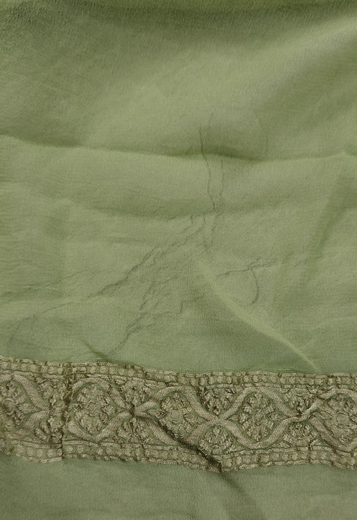 Tea Green Banarasi Georgette Silk Saree with Geometric Design and Zari Border | SILK MARK CERTIFIED