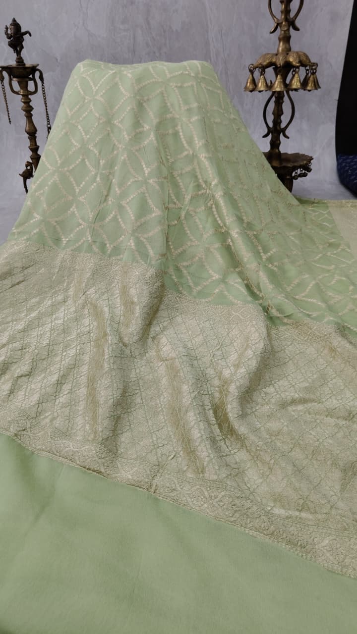 Tea Green Banarasi Georgette Silk Saree with Geometric Design and Zari Border | SILK MARK CERTIFIED