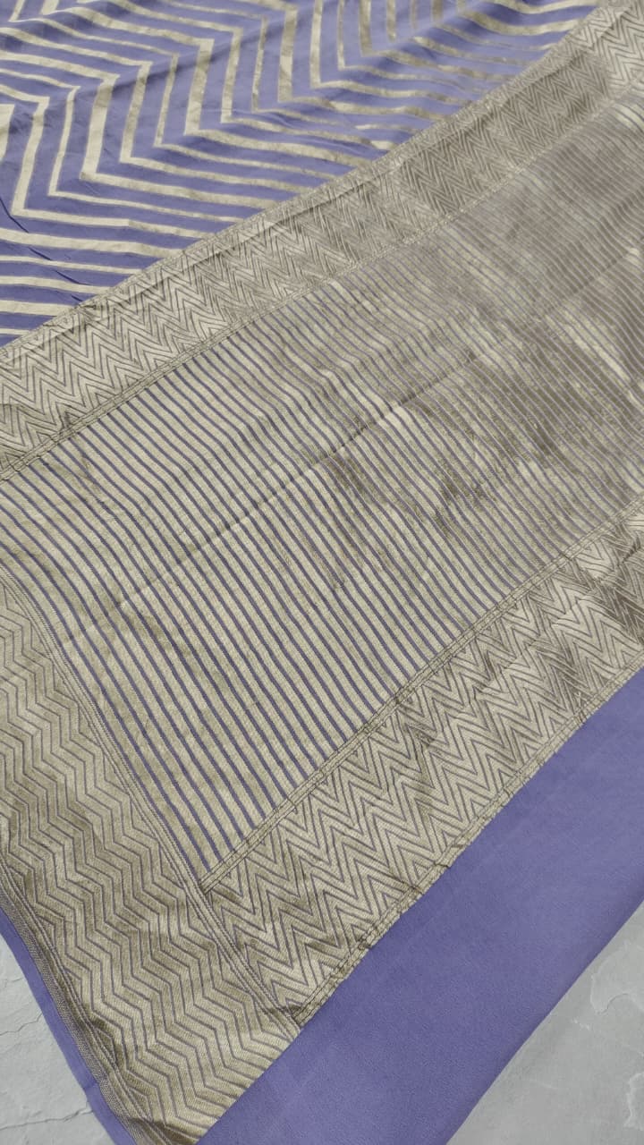 Lavender Banarasi Georgette Silk Saree with Chevron Pattern and Zari Border | SILK MARK CERTIFIED