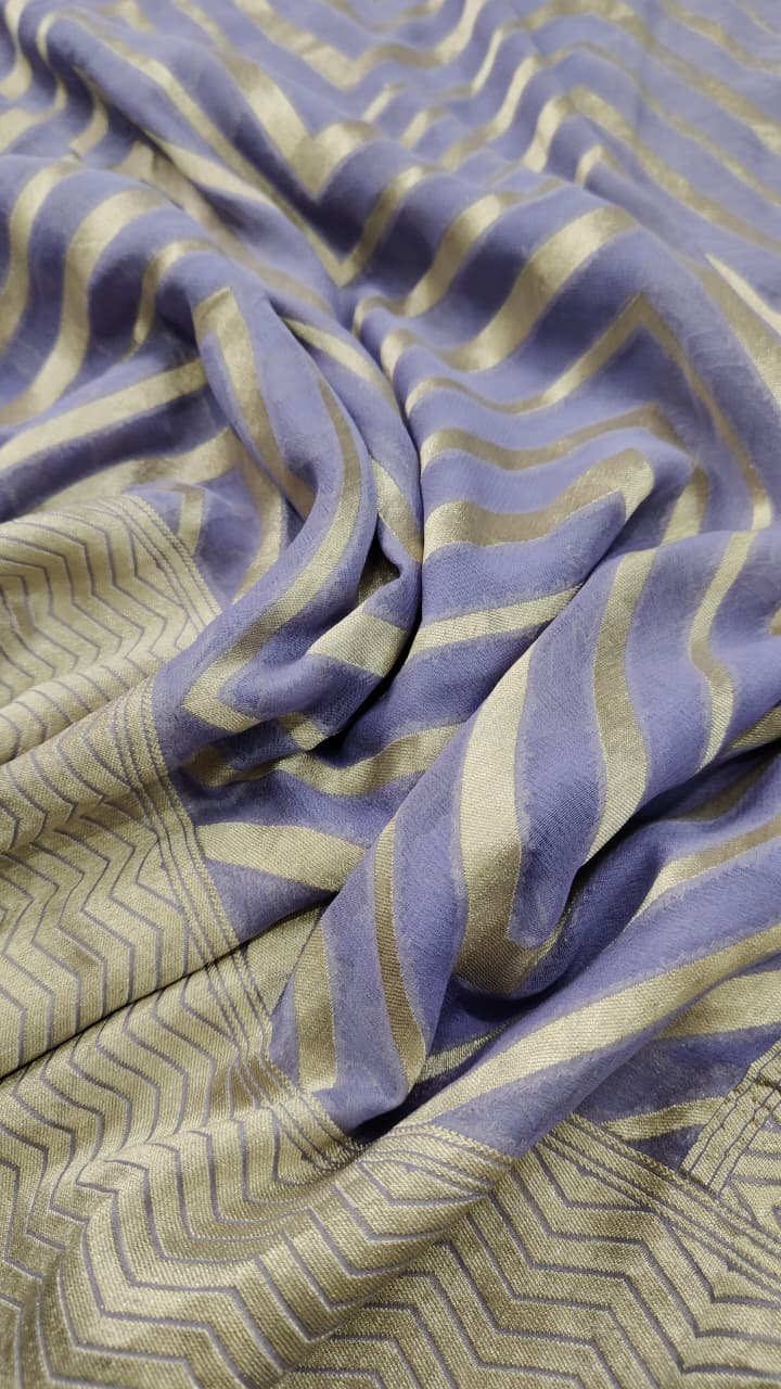 Lavender Banarasi Georgette Silk Saree with Chevron Pattern and Zari Border | SILK MARK CERTIFIED
