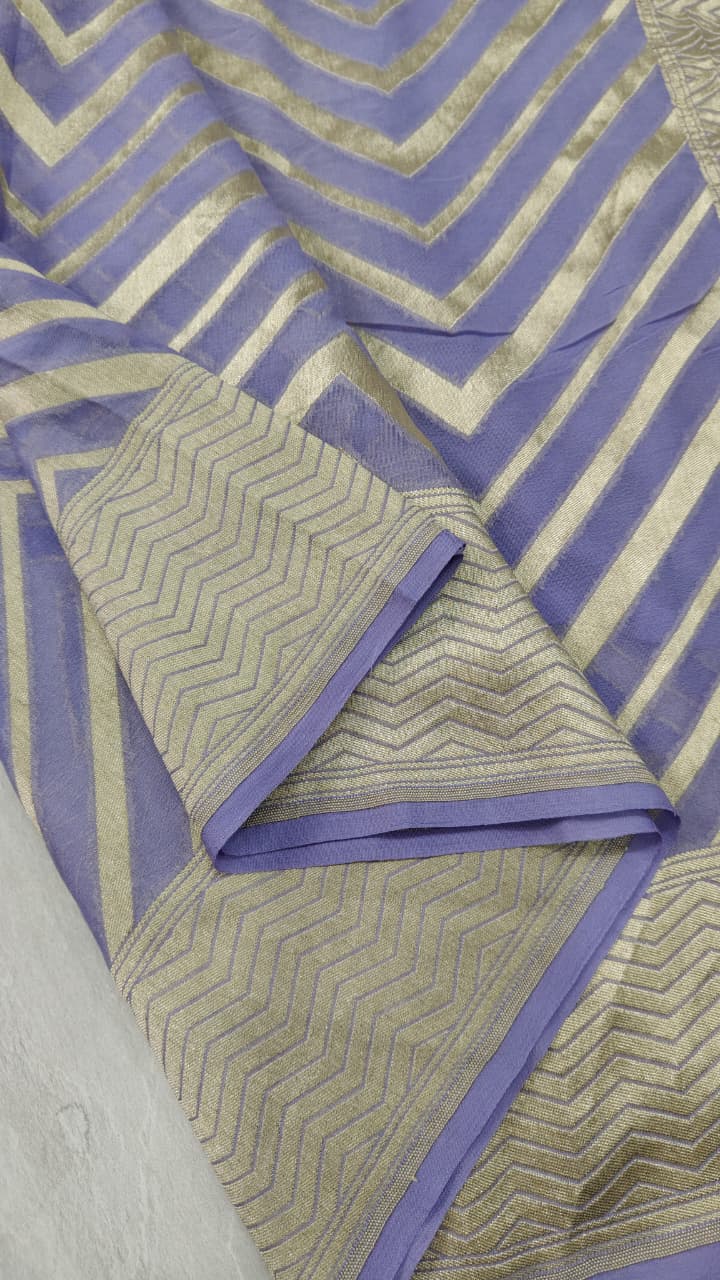 Lavender Banarasi Georgette Silk Saree with Chevron Pattern and Zari Border | SILK MARK CERTIFIED