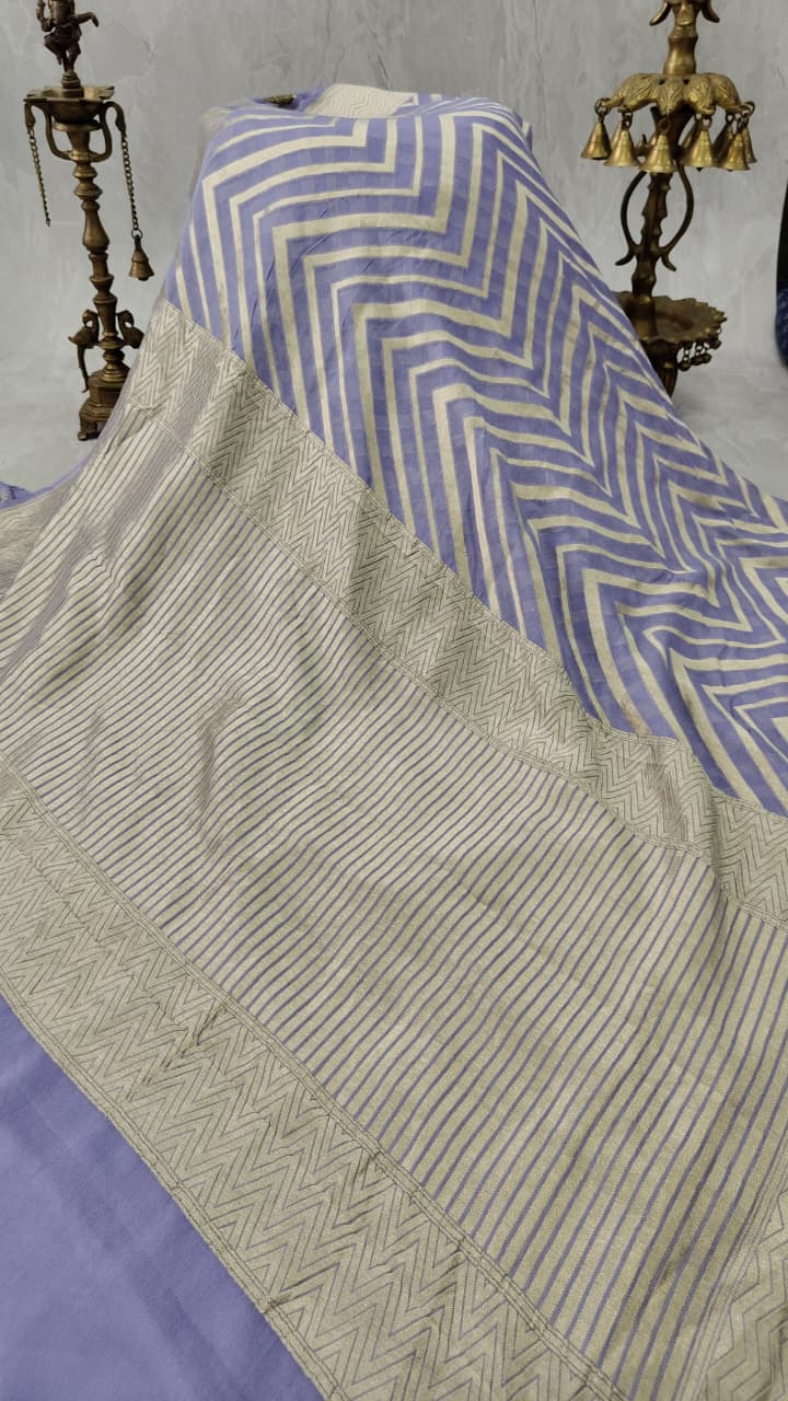 Lavender Banarasi Georgette Silk Saree with Chevron Pattern and Zari Border | SILK MARK CERTIFIED