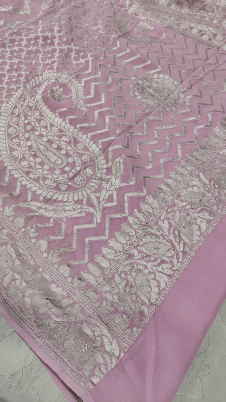 Thistle  Banarasi Georgette Silk Saree with Trellis Pattern and Zari Border | SILK MARK CERTIFIED