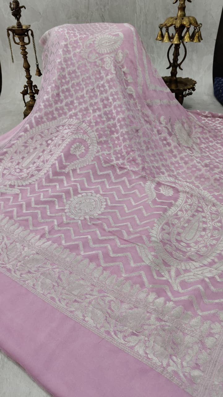 Thistle  Banarasi Georgette Silk Saree with Trellis Pattern and Zari Border | SILK MARK CERTIFIED