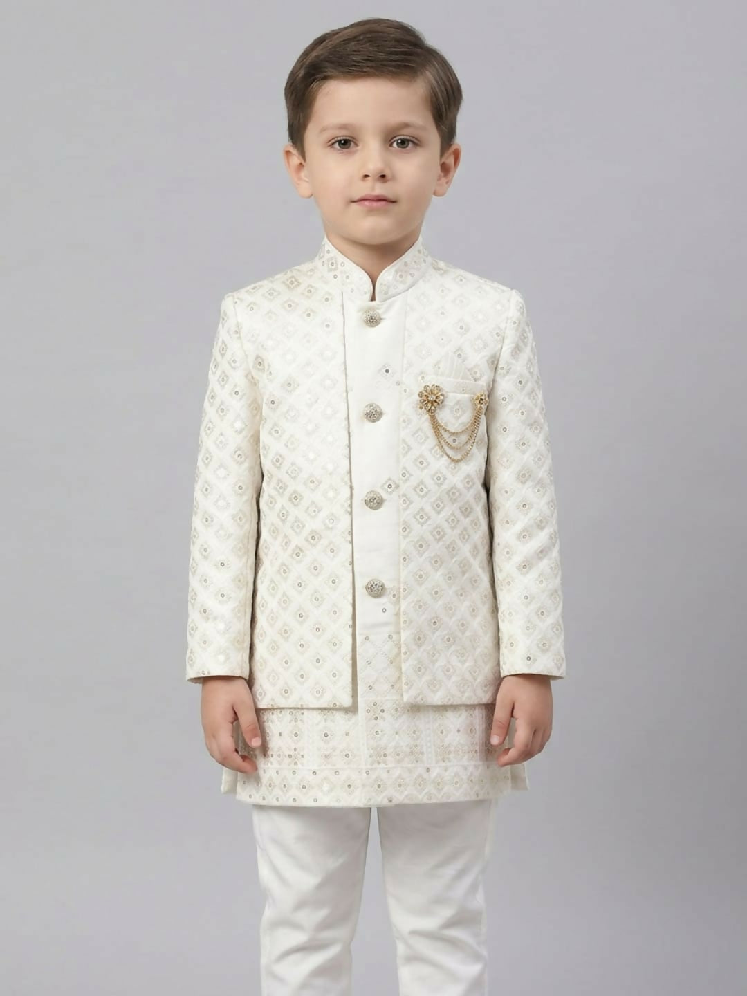 Boys Embroidered White Indo Western Sherwani Set with Jacket and Brooch | SHOBITAM