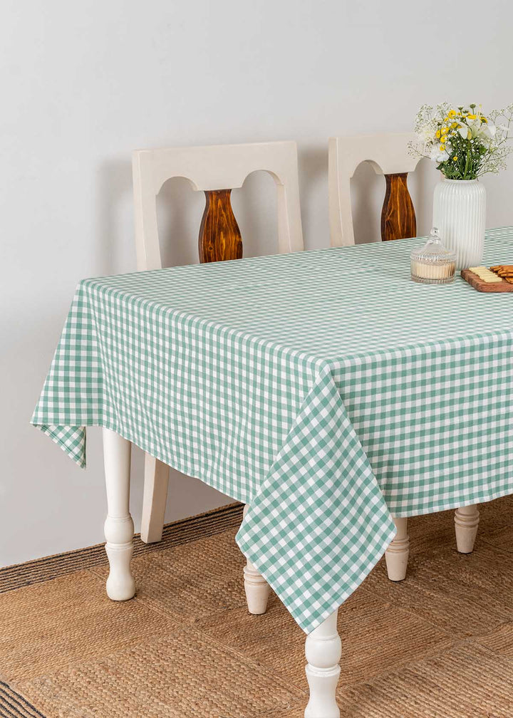 Gingham checks 100% cotton geometric table cloth for 4 seater or 6 seater dining - Sage Green  | SHOBITAM