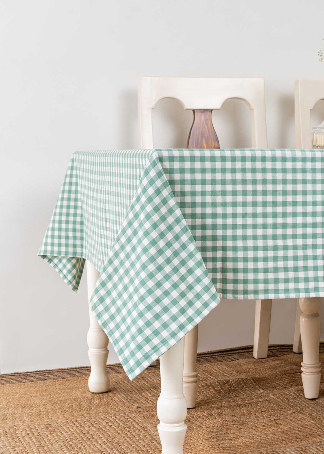 Gingham checks 100% cotton geometric table cloth for 4 seater or 6 seater dining - Sage Green  | SHOBITAM
