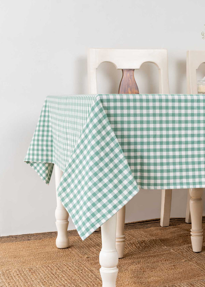 Gingham checks 100% cotton geometric table cloth for 4 seater or 6 seater dining - Sage Green  | SHOBITAM