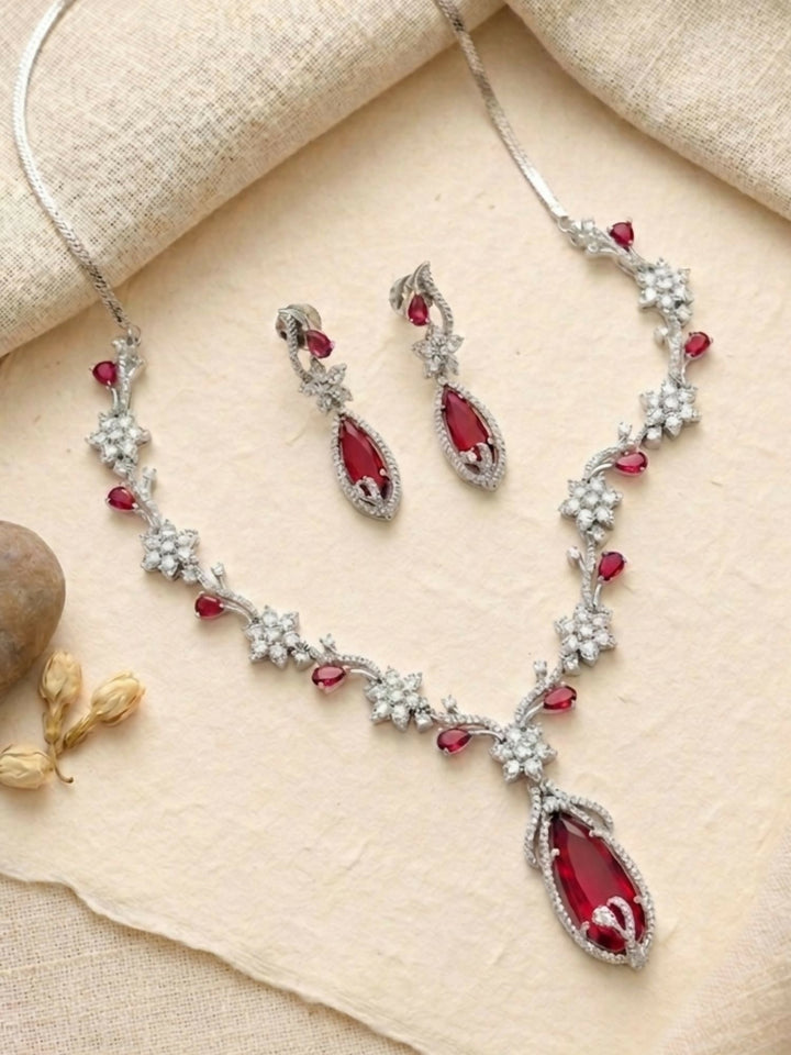 Contemporary Silver Plated American Diamond Necklace Set | SHOBITAM