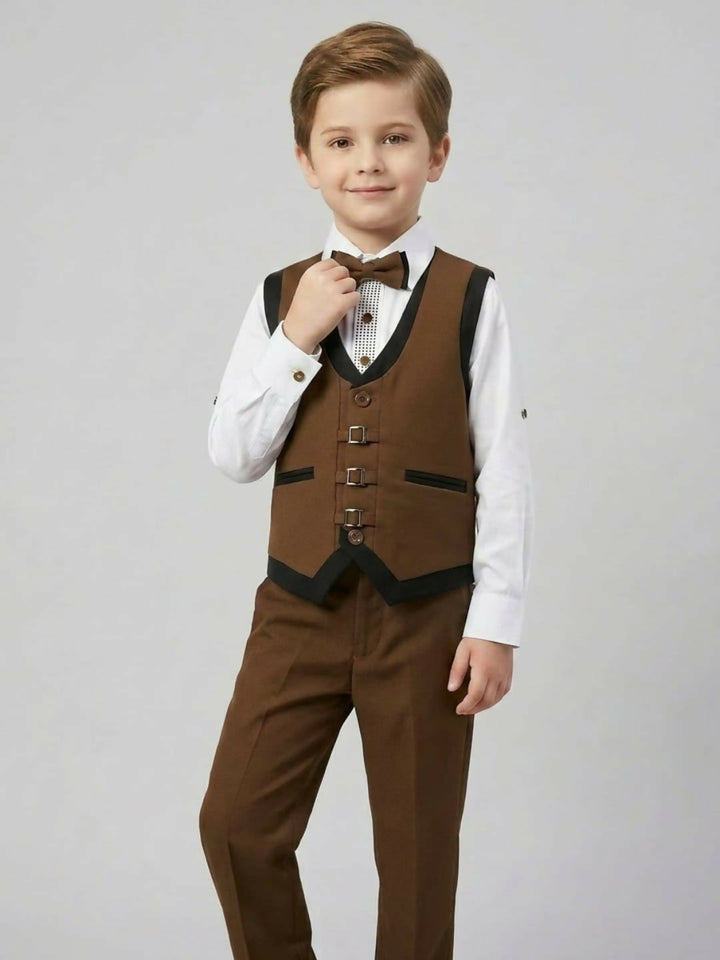 Boys Formal Brown Waistcoat Suit Set with Shirt, Trousers and Bow Tie | SHOBITAM