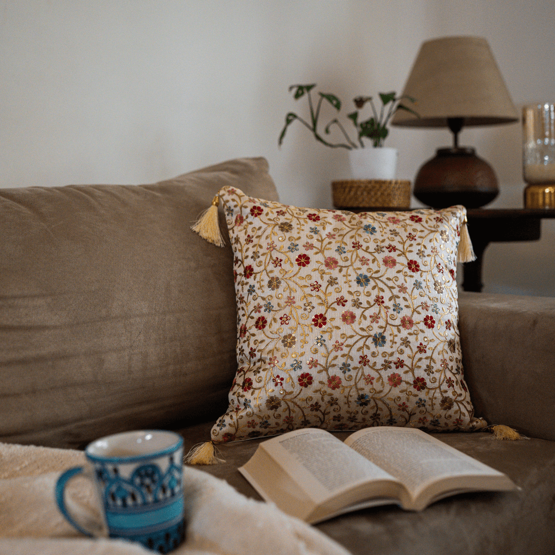 Karigari Floral Cushion Cover, 16" x 16", Pack of 1 | SHOBITAM