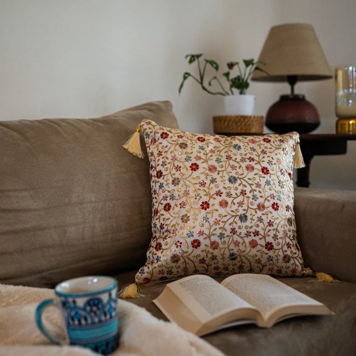 Sunehri Floral Cushion Cover, 16" x 16", Pack of 1