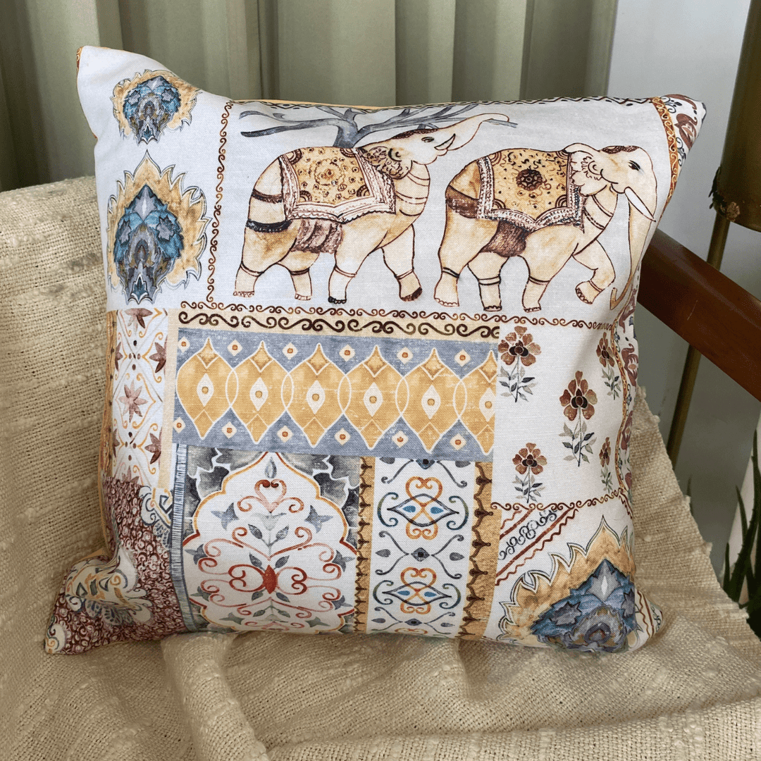Chokhi Yellow Elephant Print Cushion Covers, 16" x 16", Pack of 2 | SHOBITAM