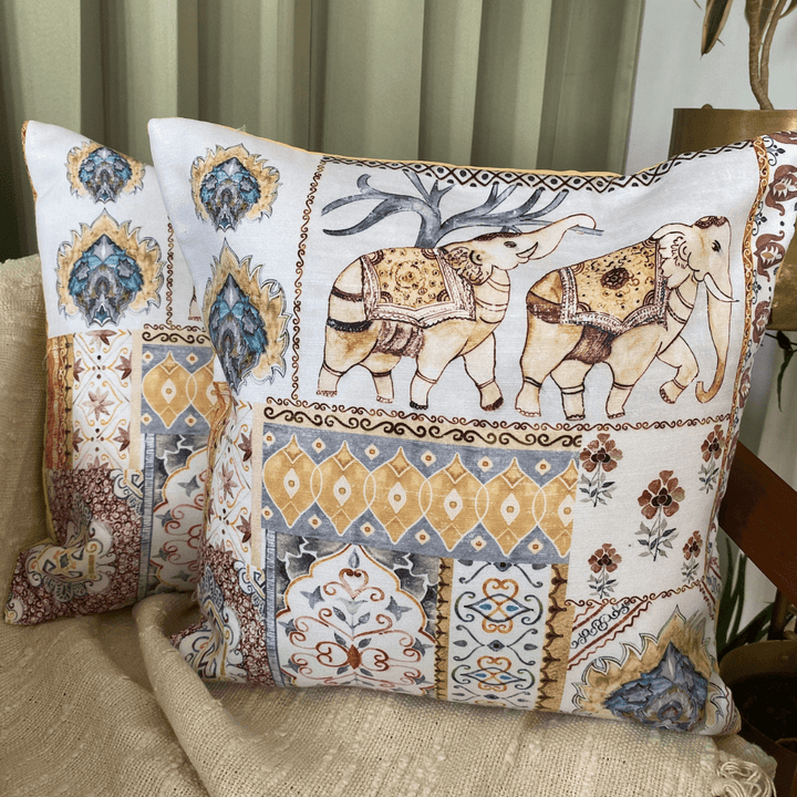 Chokhi Yellow Elephant Print Cushion Covers, 16" x 16", Pack of 2 | SHOBITAM