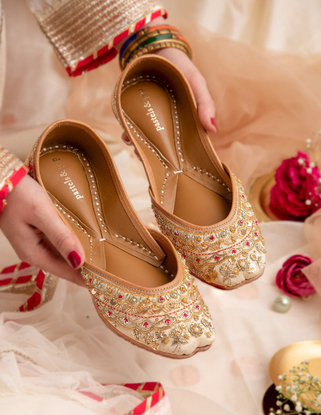 SUNEHRI Golden Silk Threads, Pearls, Bugle Beads Zardozi Juttis