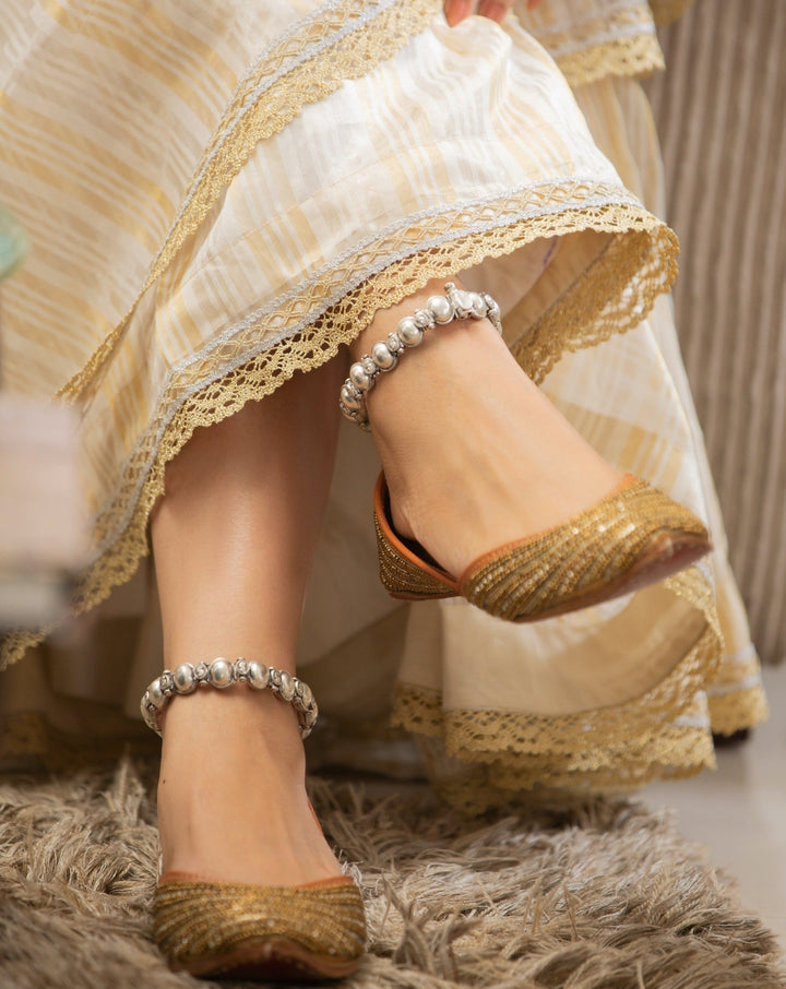 GOLD DUST Striped Rhinestone & Beadwork Ethnic Mojaris for Women | SHOBITAM