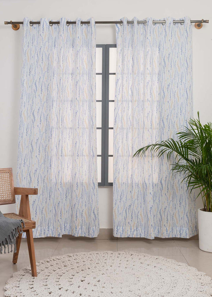 Grass Fields Blue 100% cotton sheer floral curtain for living room - Light filtering - Single Piece | SHOBITAM
