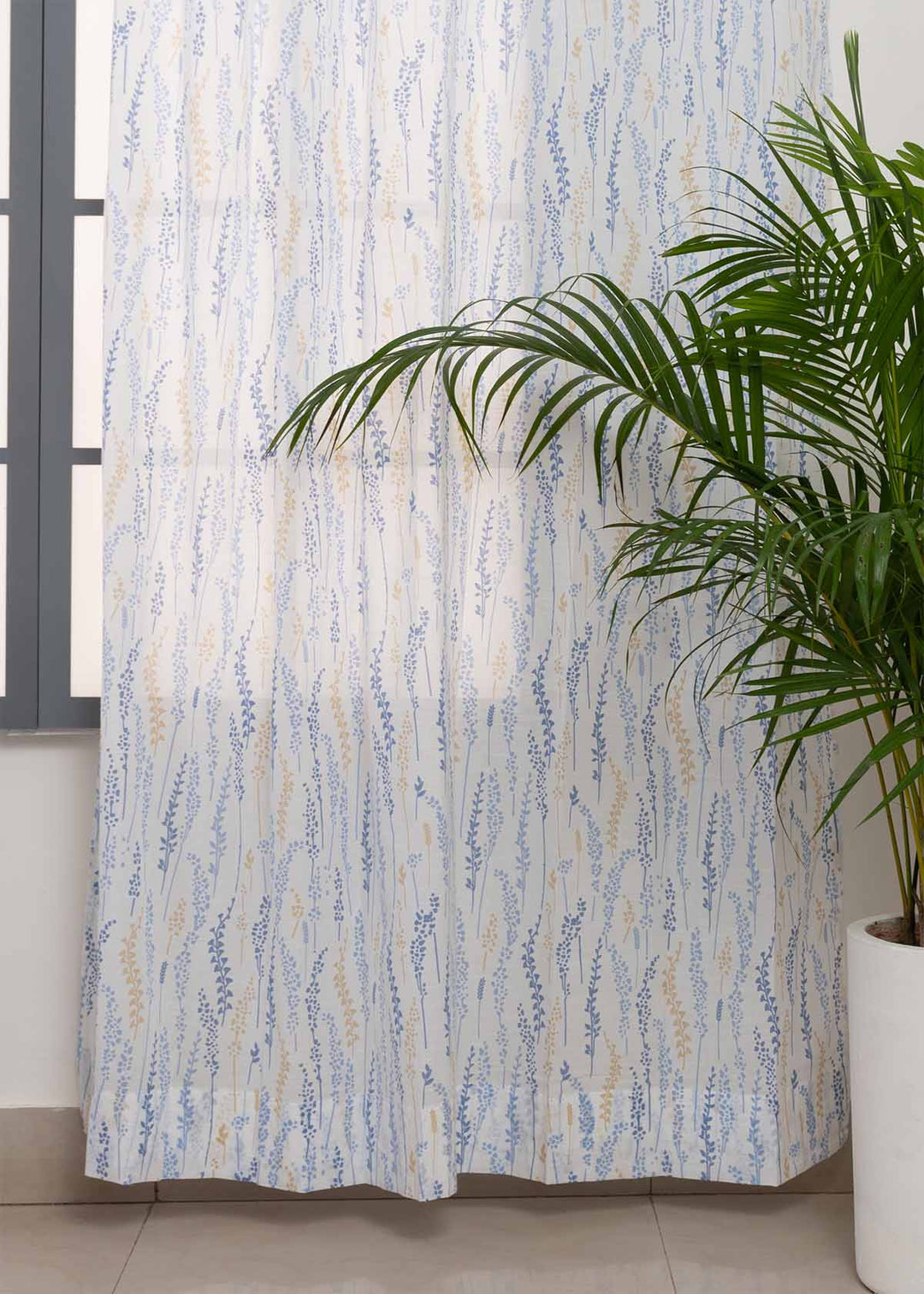 Grass Fields Blue 100% cotton sheer floral curtain for living room - Light filtering - Single Piece | SHOBITAM
