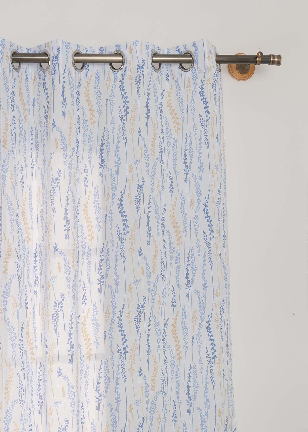 Grass Fields Blue 100% cotton sheer floral curtain for living room - Light filtering - Single Piece | SHOBITAM