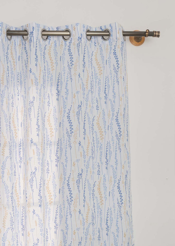 Grass Fields Blue 100% cotton sheer floral curtain for living room - Light filtering - Single Piece | SHOBITAM
