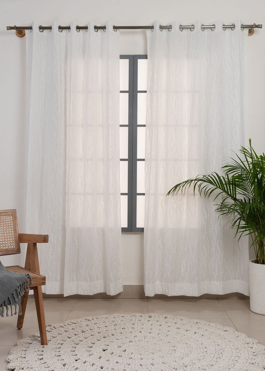 Grass Fields White 100% cotton sheer floral curtain for living room - Light filtering - Single Piece | SHOBITAM